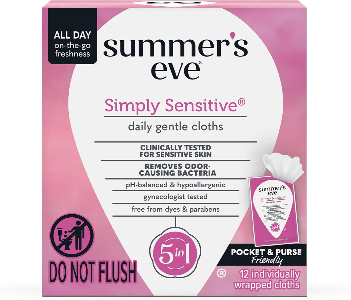 Summer's Eve Simply Sensitive Feminine Wipes – Gentle pH-Balanced Micellar Water Formula for Odor Control & Freshness (12 Individually Wrapped Wipes)