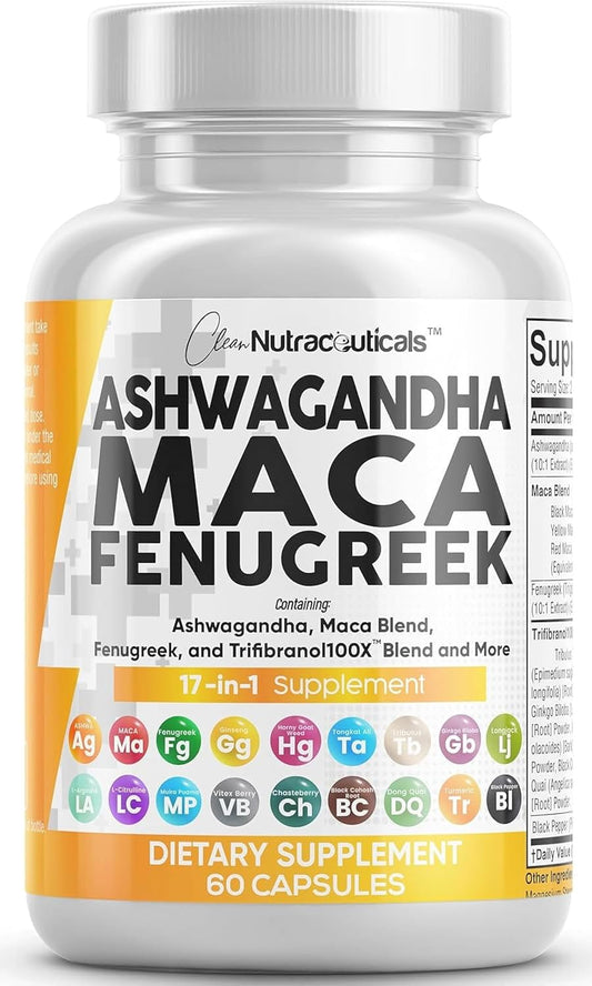 Clean Nutraceuticals Ashwagandha Maca Root Fenugreek with Tongkat Ali & Ginseng – All-in-One Adaptogen Blend for Energy, Mood & Vitality (120 Capsules)
