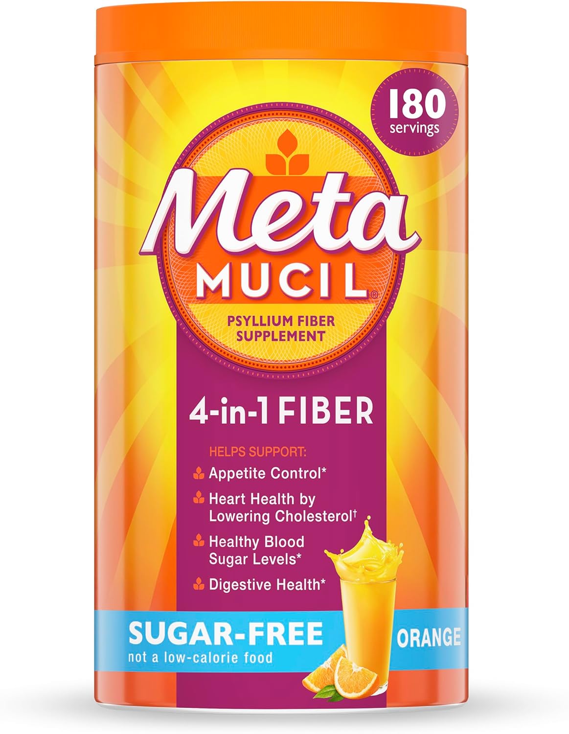 Meta Mucil fiber supplement container with orange lid and colorful label on a white background