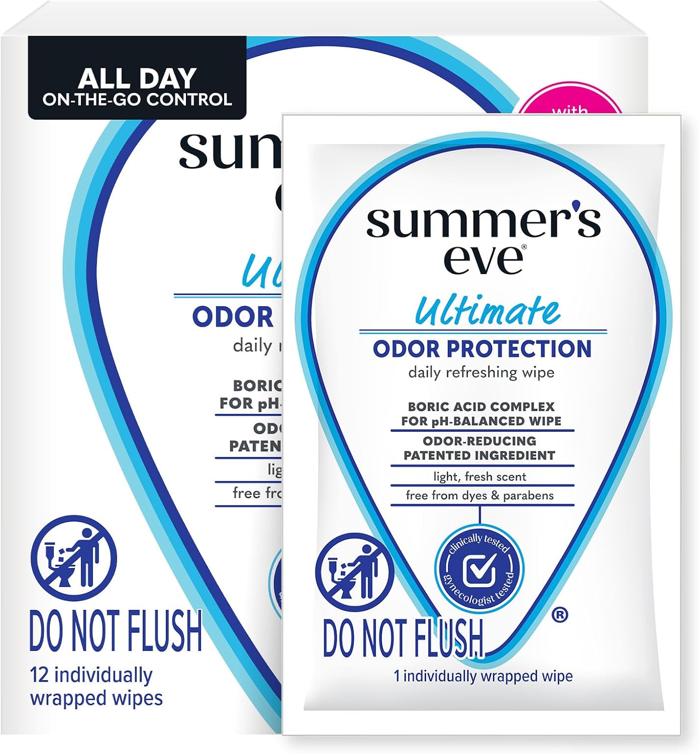 Summer's Eve Ultimate Odor Protection Feminine Wipes with Boric Acid – pH-Balanced Daily Cleansing & Odor Control (12 Individually Wrapped Wipes)