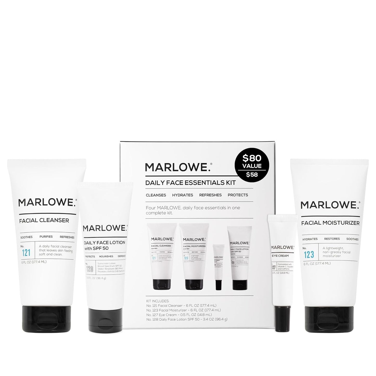 MARLOWE. No. 121 Daily Facial Cleanser + No. 123 Hydrating Facial Moisturizer Set – Natural Men’s Skincare Duo with Green Tea & Deep Sea Algae