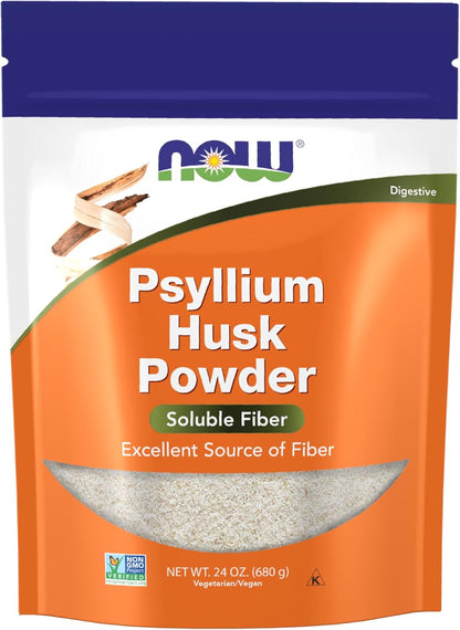 Package of NOW Psyllium Husk Powder with orange and white design.