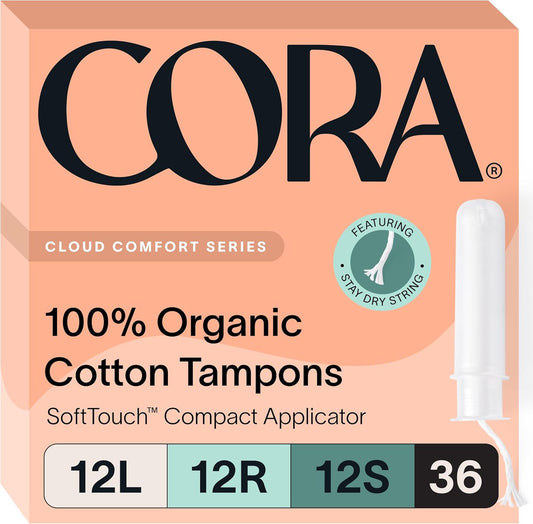 Cora Organic Cotton Tampons Multipack – Light, Regular & Super (36 Count) with Compact Applicator