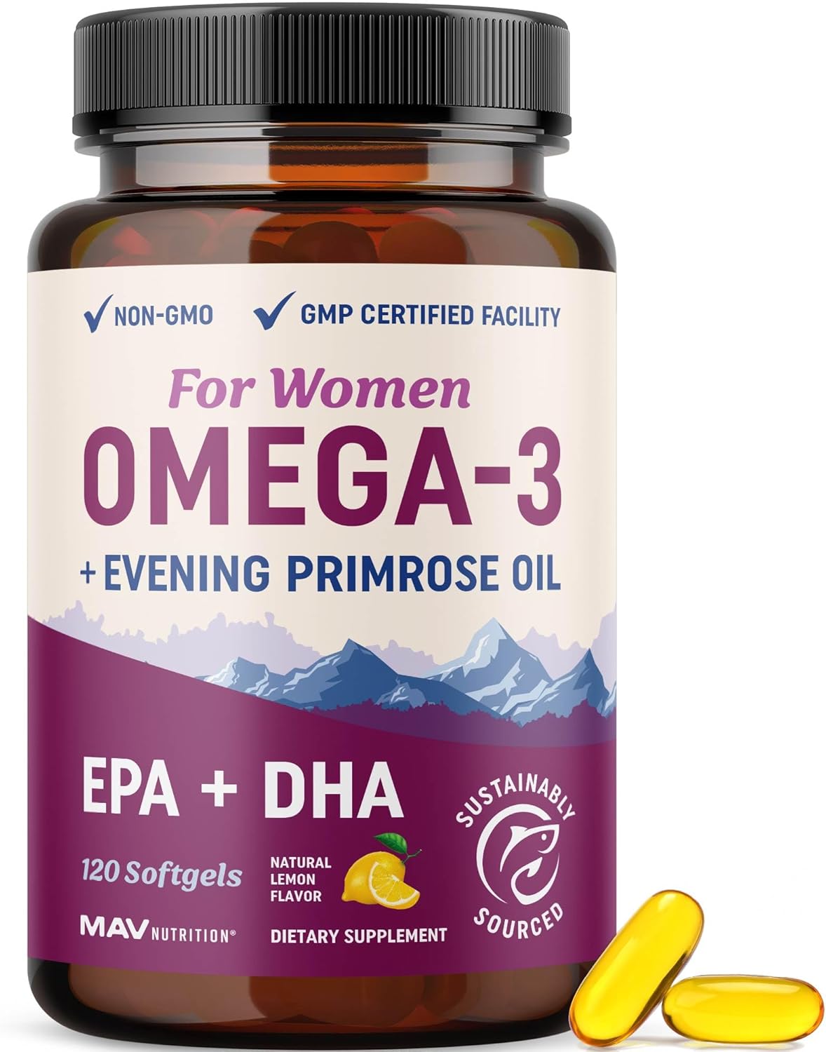MAV Nutrition Omega-3 Fish Oil for Women + Evening Primrose Oil – EPA, DHA & GLA for Hormone Balance, Skin, Heart & Wellness (120 Softgels)
