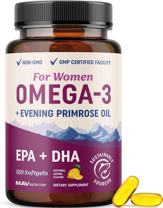 MAV Nutrition Omega-3 Fish Oil for Women + Evening Primrose Oil – EPA, DHA & GLA for Hormone Balance, Skin, Heart & Wellness (120 Softgels)
