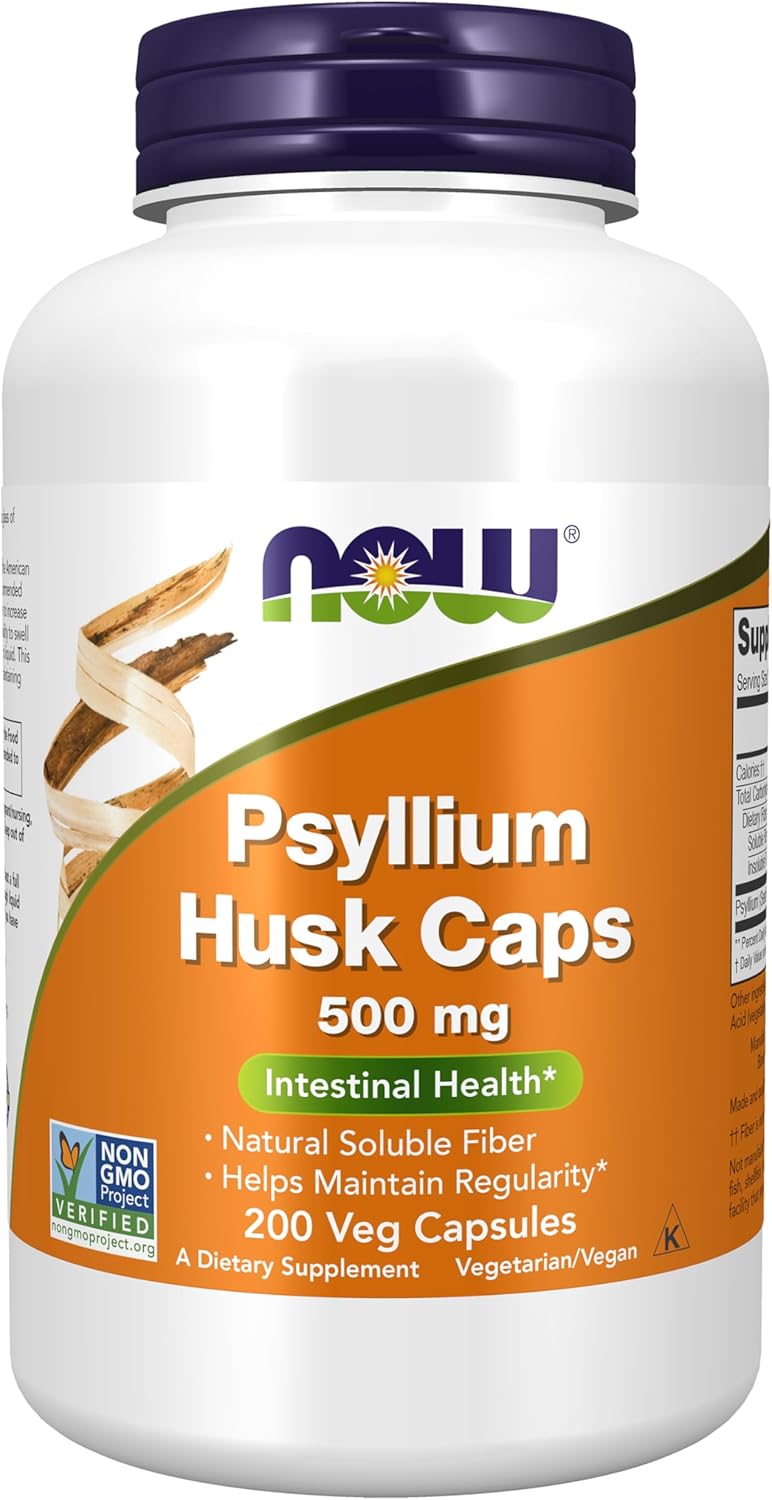 Supplement bottle labeled 'Psyllium Husk Caps 500 mg' by NOW on a white background