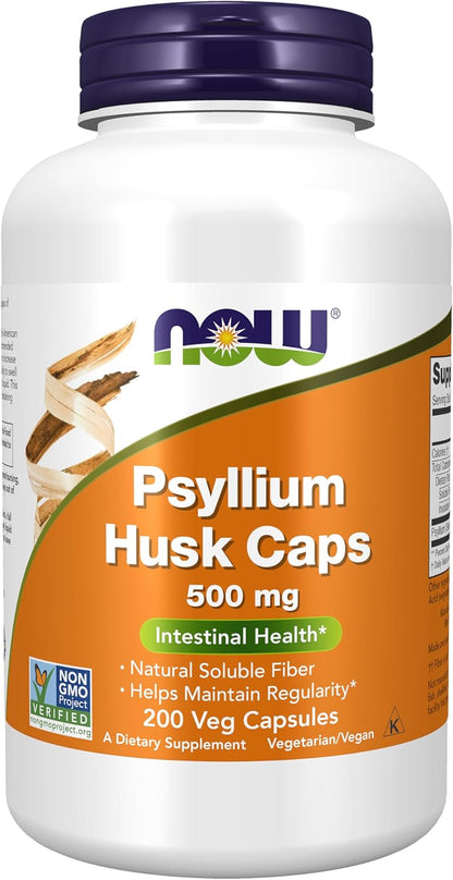 Supplement bottle labeled 'Psyllium Husk Caps 500 mg' by NOW on a white background