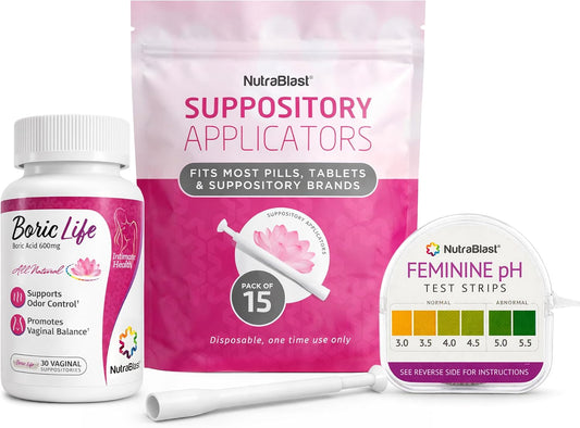 NutraBlast Boric Acid Suppositories for Women – 600mg with Applicators | pH Balance, Odor Control & Feminine Health Support (30 Count)