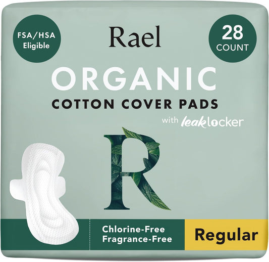 Rael Organic Cotton Cover Pads – Ultra Thin Sanitary Napkins with Wings, Regular Absorbency (56 Count)