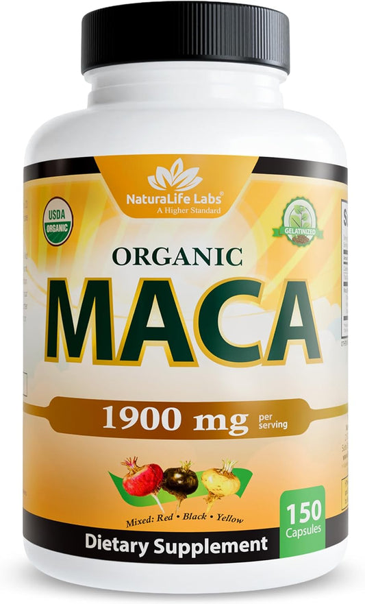 NaturaLife Labs Organic Maca Root Capsules – Black, Red & Yellow Blend 1900mg | Gelatinized Peruvian Maca for Energy, Hormone Balance & Vitality (150 Capsules)