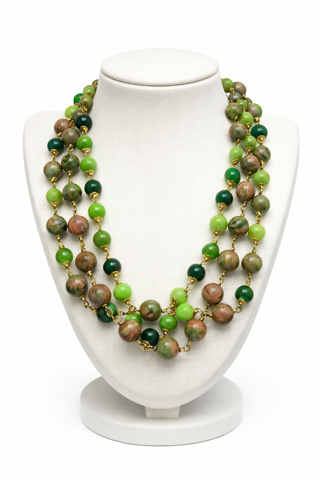 Unakite & Mixed Green Triple Strand Stone Necklace | 21" Handcrafted Gold Wire 3-Layer Natural Bead Collar Necklace with Ornate Toggle Clasp