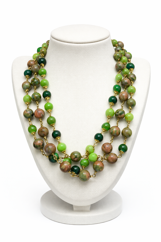 Unakite & Mixed Green Triple Strand Stone Necklace | 21" Handcrafted Gold Wire 3-Layer Natural Bead Collar Necklace with Ornate Toggle Clasp