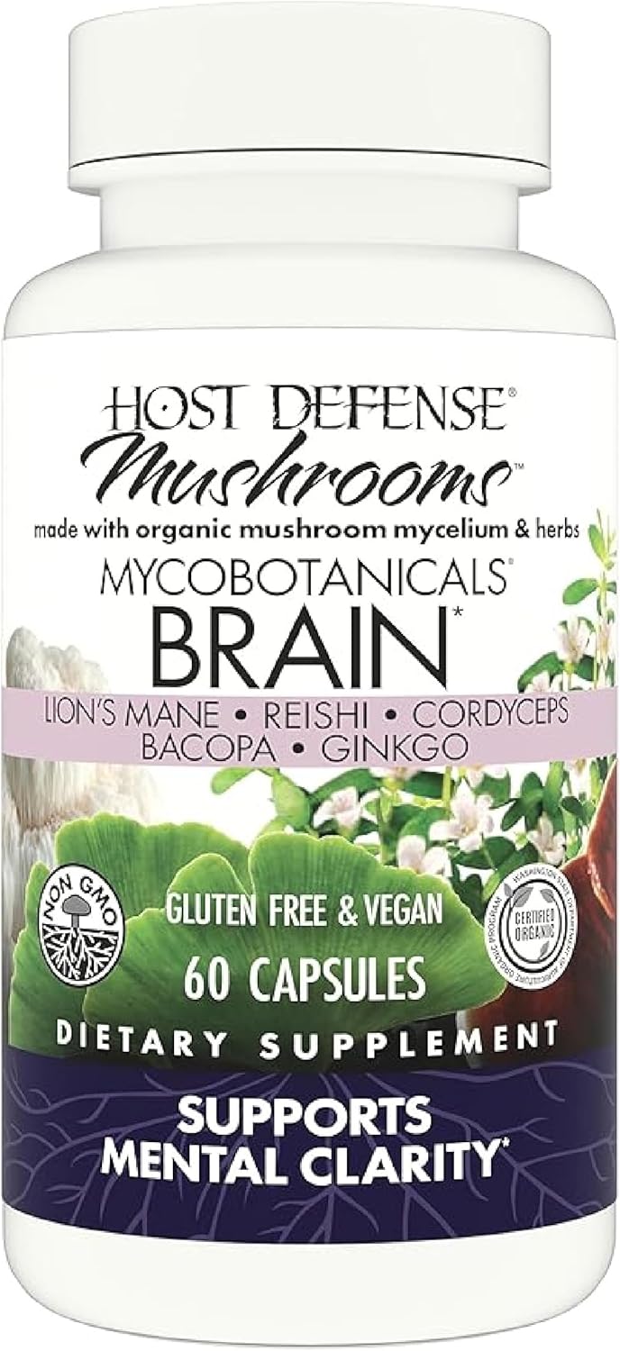 Host Defense MycoBotanicals Brain Capsules – Lion’s Mane, Reishi & Cordyceps Mushroom Blend for Memory, Focus & Cognitive Support (60 Capsules)