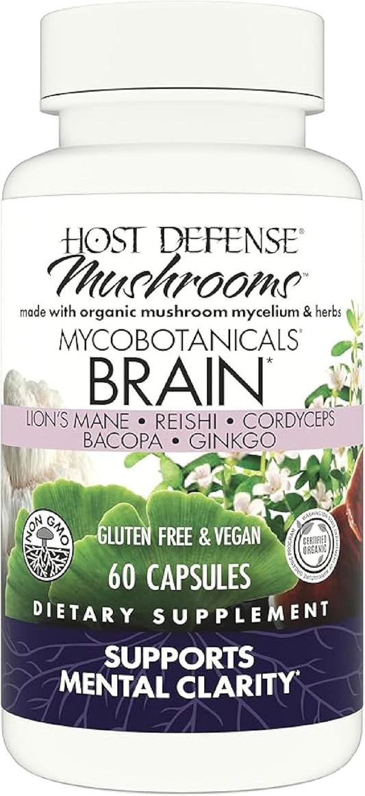 Host Defense MycoBotanicals Brain Capsules – Lion’s Mane, Reishi & Cordyceps Mushroom Blend for Memory, Focus & Cognitive Support (60 Capsules)