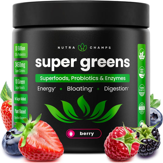 NutraChamps SuperGreens Powder – 40+ Organic Superfoods, Probiotics & Enzymes for Energy, Digestion, Gut Health & Bloating Relief (Berry Flavor)