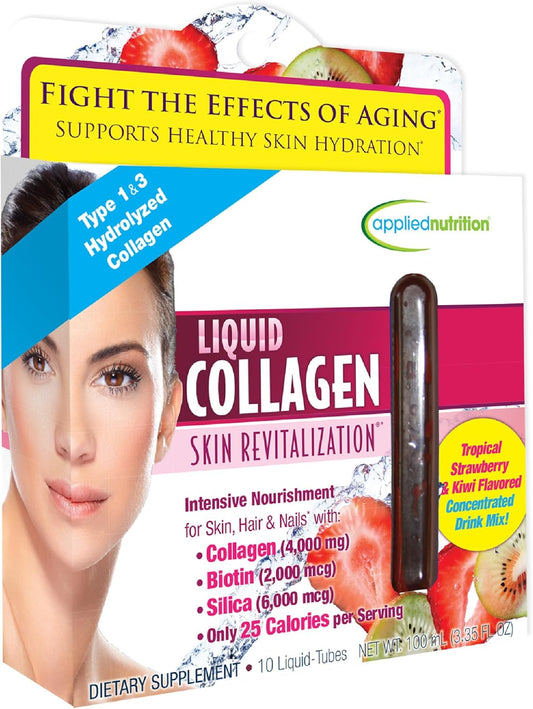 Applied Nutrition Liquid Collagen Skin Revitalization – Tropical Strawberry & Kiwi Flavor | 4000mg Collagen + Biotin & Silica (10 Liquid Tubes)