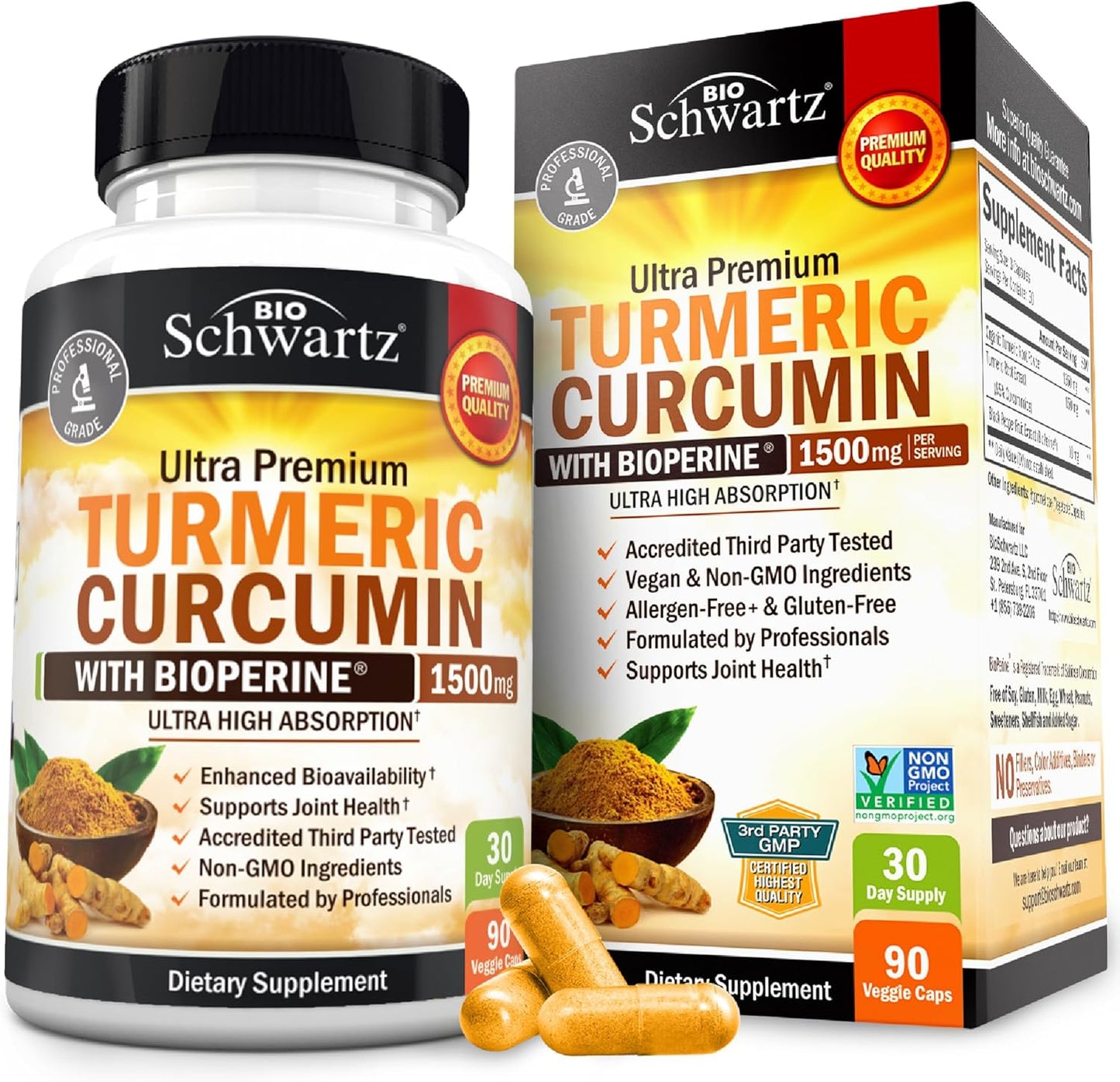BioSchwartz Turmeric Curcumin with Black Pepper 1500mg – High Absorption 95% Curcuminoids + BioPerine for Joint & Inflammation Support (90 Capsules)
