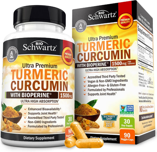 BioSchwartz Turmeric Curcumin with Black Pepper 1500mg – High Absorption 95% Curcuminoids + BioPerine for Joint & Inflammation Support (90 Capsules)