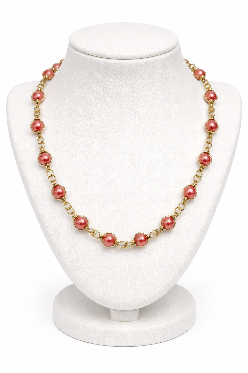 Pink Pearl Wire-Wrapped Cage Necklace & Bracelet Set | 20" Handcrafted Gold Wire Caged 6mm Pearl Bead Statement Set with Toggle Clasp for Women