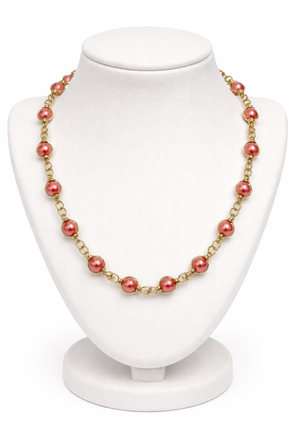 Pink Pearl Wire-Wrapped Cage Necklace & Bracelet Set | 20" Handcrafted Gold Wire Caged 6mm Pearl Bead Statement Set with Toggle Clasp for Women