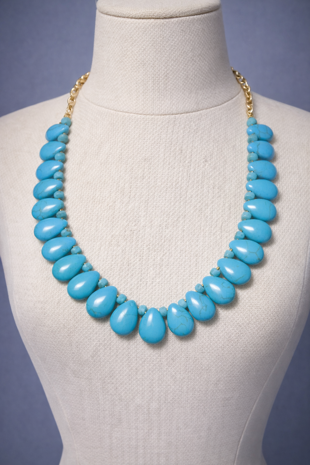 Turquoise Teardrop Statement Necklace | 18" Handcrafted Gold Chain Graduating Bead Collar Necklace with Lobster Clasp & 4" Extension