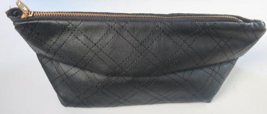 Black leather makeup and travel pouch bag for women