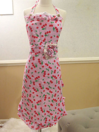 Cherry Red Pink Fabric Apron/ Kitchen Apron/ Pink Red Apron