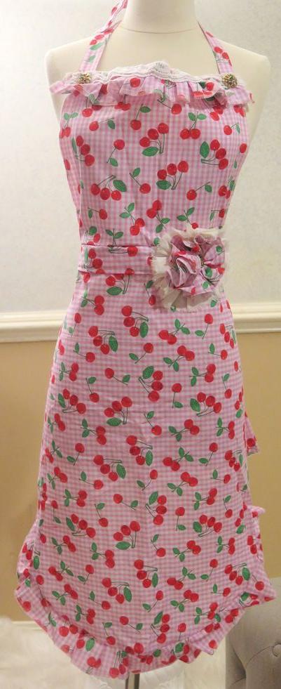  Cherry print red and pink fabric kitchen apron for women