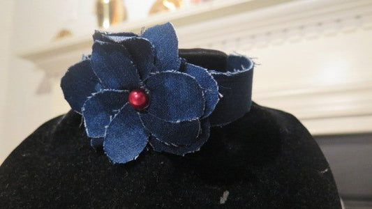 Denim choker necklace with pearl flower center for women