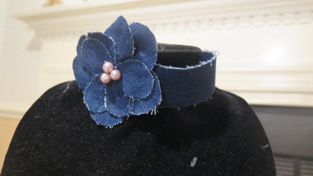 Denim flower choker necklace with pearl center for women