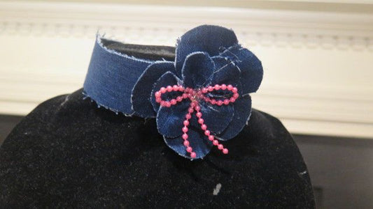 Denim flower choker necklace with pink pearl center for women