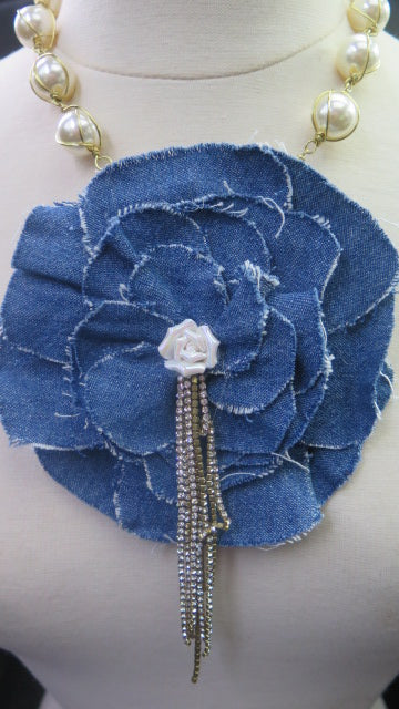 Denim flower pearl statement necklace for women
