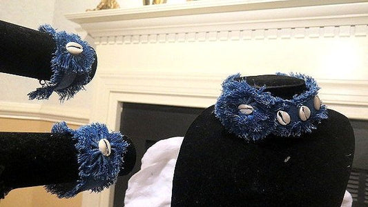 Denim fringe necklace and bracelet jewelry set for women