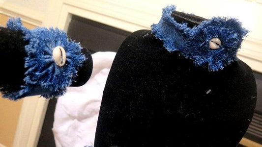 Denim fringe necklace and bracelet jewelry set for women 