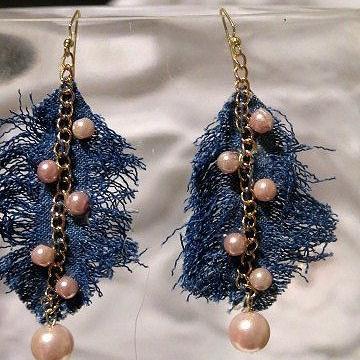 Denim ruffle fringe earring with pearl detail for women