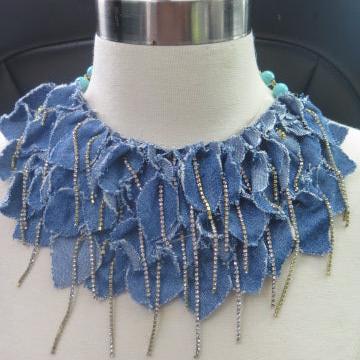 denim Chocker fringes necklace