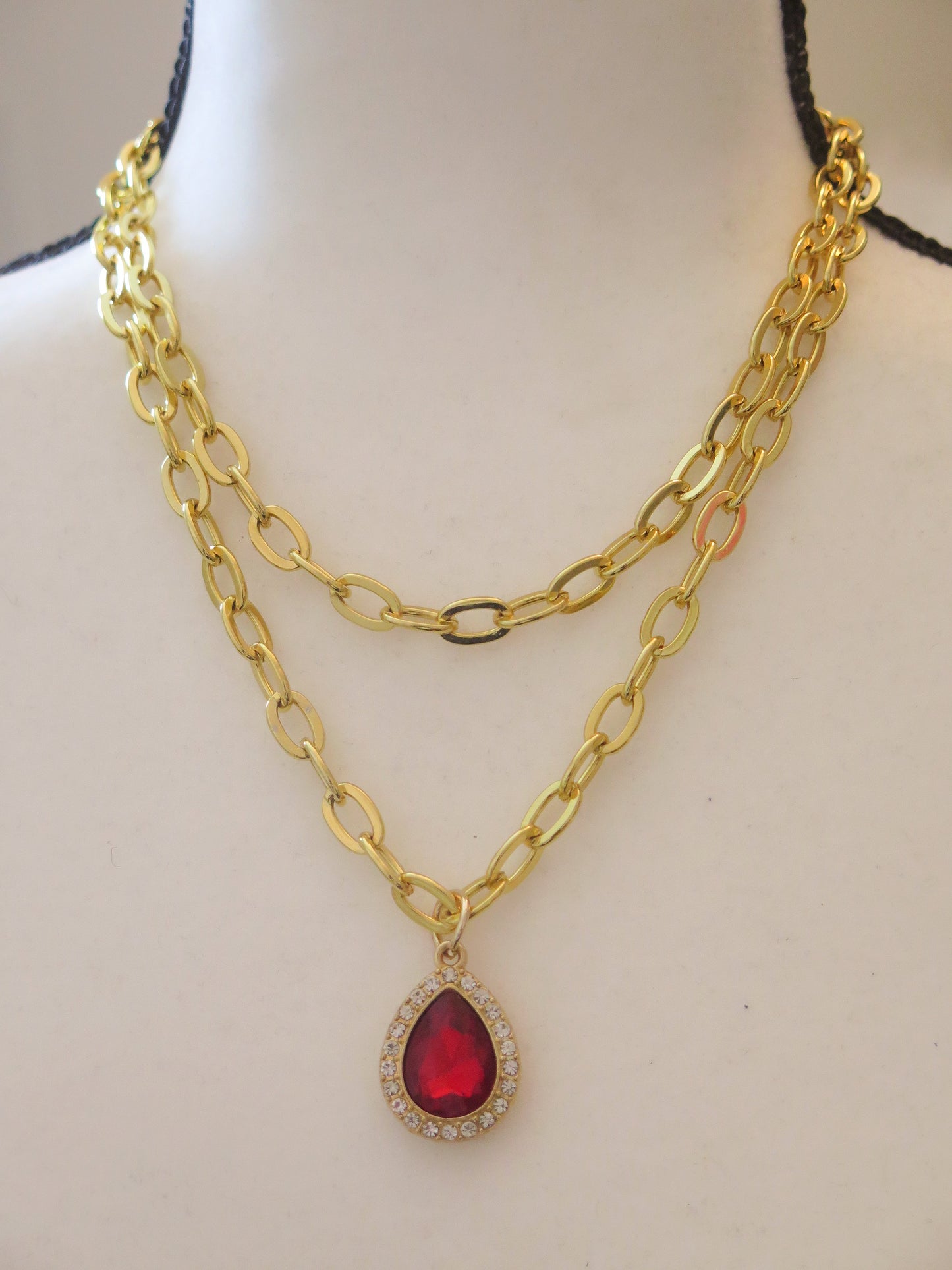 Double Gold Necklace With Red Pendant