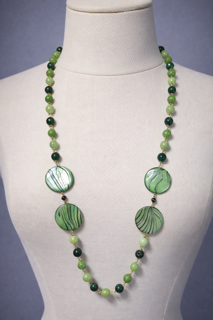 Emerald Green Mixed Bead Long Statement Necklace | 37" Gold Wire Necklace with Hand-Painted Disc Beads & Gold Toggle Clasp for Women