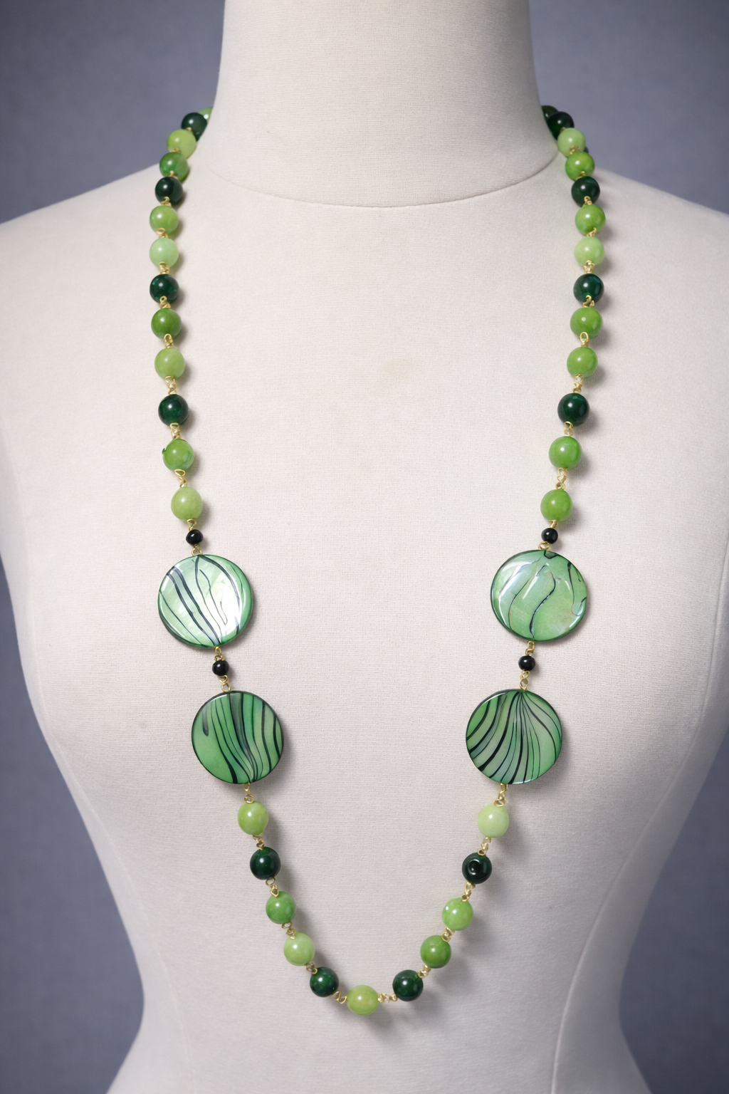 Emerald Green Mixed Bead Long Statement Necklace | 37" Gold Wire Necklace with Hand-Painted Disc Beads & Gold Toggle Clasp for Women