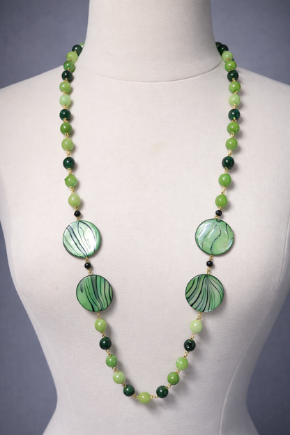 Emerald Green Mixed Bead Long Statement Necklace | 37" Gold Wire Necklace with Hand-Painted Disc Beads & Gold Toggle Clasp for Women