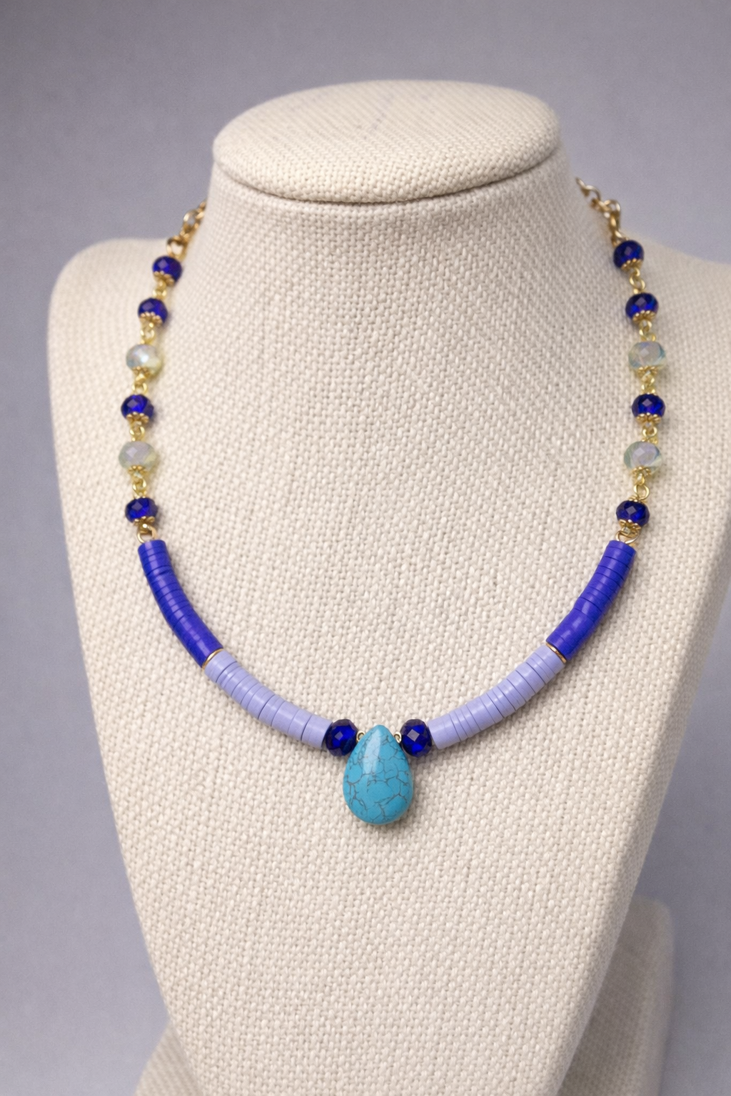 Mixed Blue Color-Block Tube Bead Necklace | 18" Handcrafted Gold Wire Cobalt & Moonstone Crystal Necklace with Turquoise Teardrop Pendant & 2" Extension