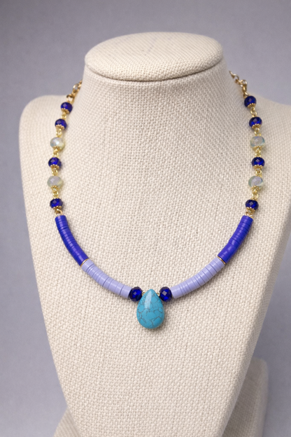 Mixed Blue Color-Block Tube Bead Necklace | 18" Handcrafted Gold Wire Cobalt & Moonstone Crystal Necklace with Turquoise Teardrop Pendant & 2" Extension