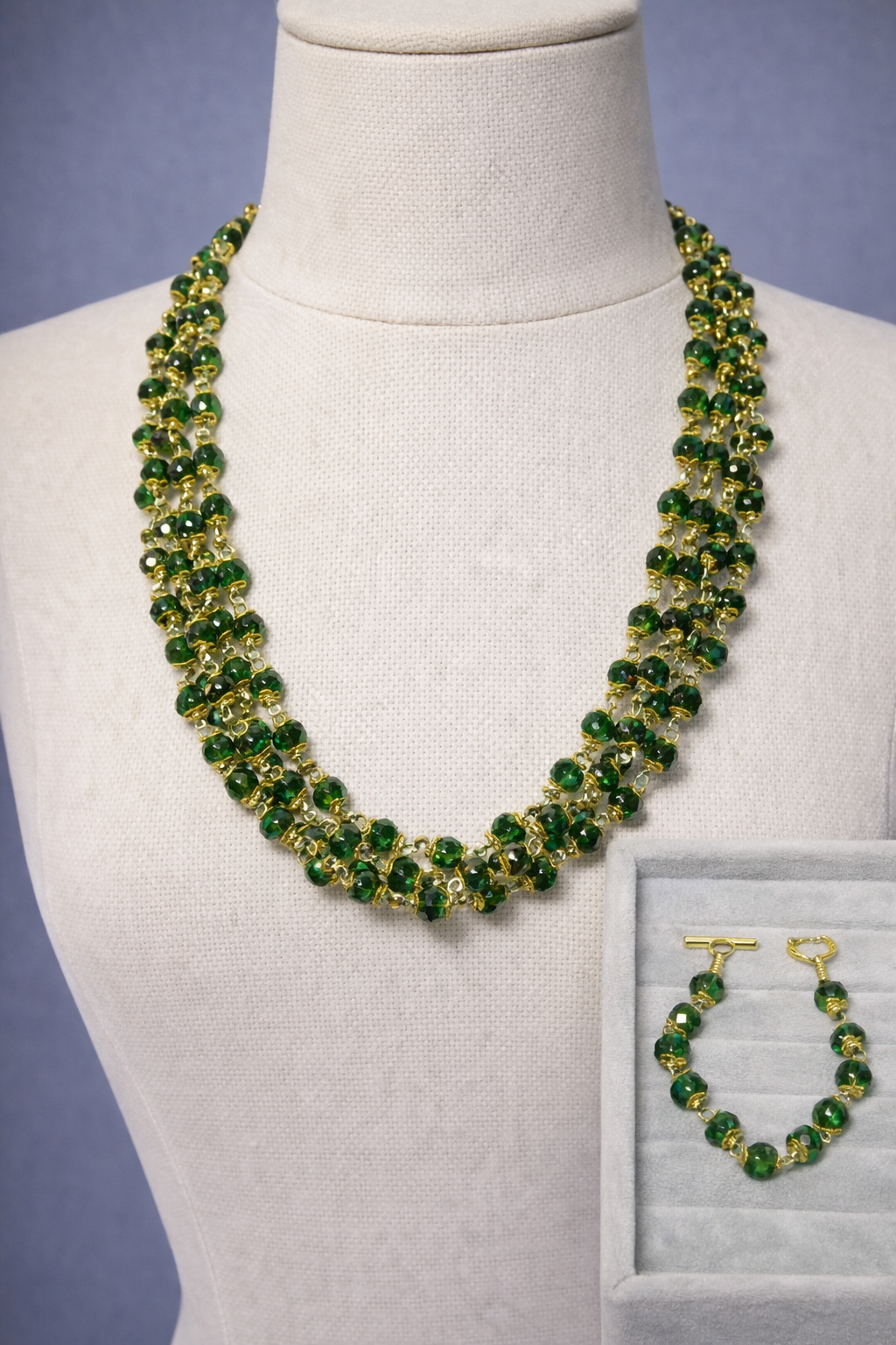 Emerald Green Crystal Jewelry Set | 3-Strand Necklace 19.5" & Bracelet 8.5" Handcrafted Gold Wire 6mm Faceted Bead Set with Toggle Clasp