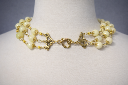 Butter Yellow Triple Strand Beaded Necklace | 20" Handcrafted Gold Wire 3-Layer Bead Necklace with Filigree Connectors & Heart Toggle Clasp
