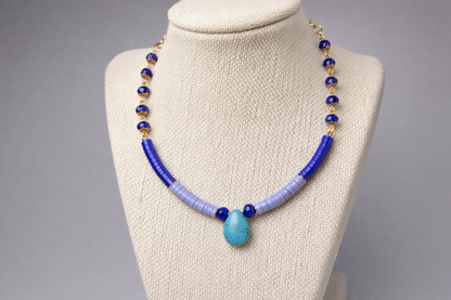 Cobalt Blue Color-Block Tube Bead Necklace | 18" Handcrafted Gold Wire Crystal Bead Necklace with Turquoise Stone Teardrop Pendant & 2" Extension