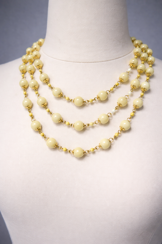 Butter Yellow Triple Strand Beaded Necklace | 20" Handcrafted Gold Wire 3-Layer Bead Necklace with Filigree Connectors & Heart Toggle Clasp
