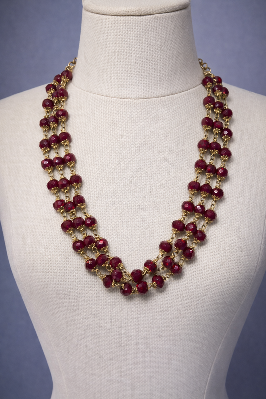 Burgundy Garnet Triple Strand Crystal Necklace | 20" Handcrafted Gold Wire 3-Layer Faceted Bead Collar Necklace with Heart Toggle Clasp