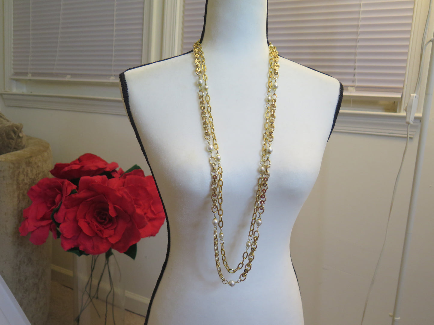 Long double gold pearl summer necklace for women