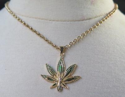 Gold Necklace with Green Leaf Pendant