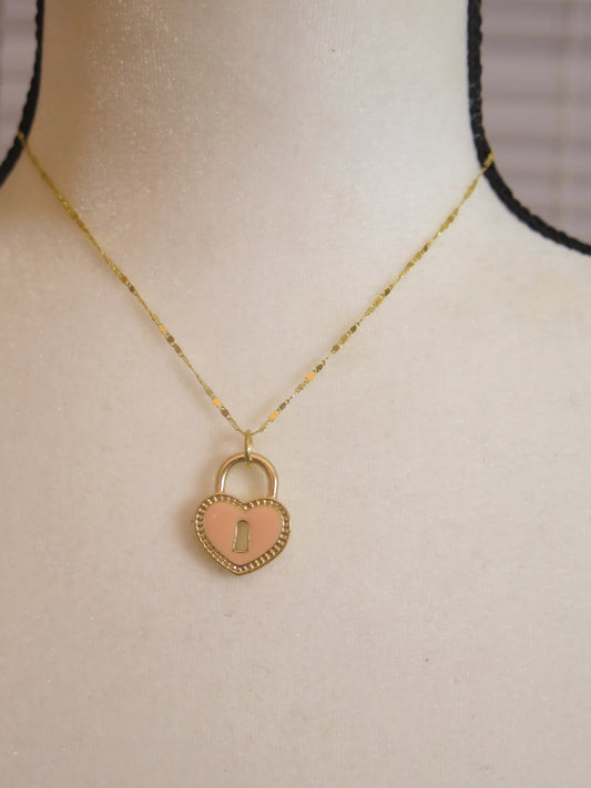 Gold Necklace with pink lock pendant